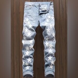 Men's Star Patch Denim Pants/Jeans/Jeans, Street Style Trousers and
Elastic